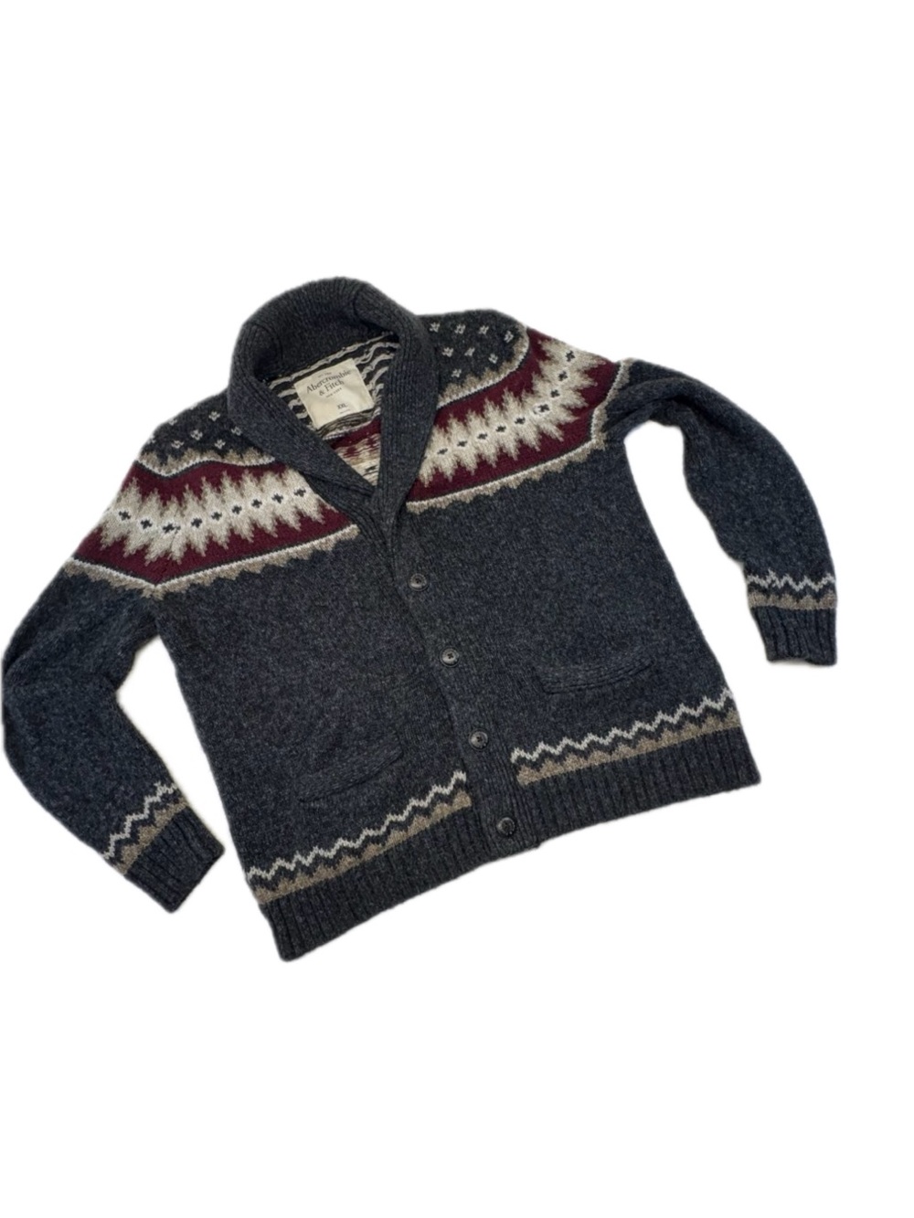 Abercrombie & Fitch Men's Fair Isle Shawl Neck Cardigan Sweater XXL Grey Knit